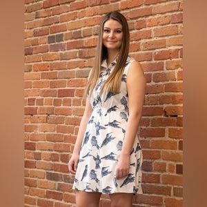 EUC Lavielente Fashion Collared Bird Print Sleeveless A-Line Dress